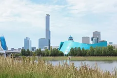Astana skyline viewed from the Esil riverbank, Kazakhstan